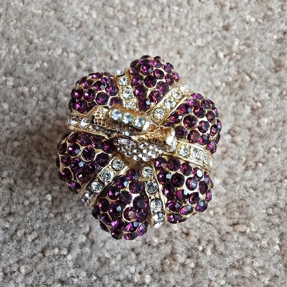 Rhinestone Crown Trinket Box Purple Crystal Gold Tone Jewelry Holder Royal - Picture 11 of 14